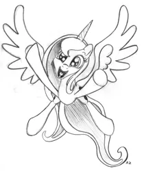 Size: 2362x2808 | Tagged: artist:uminanimu, :d, derpibooru import, grayscale, incoming hug, monochrome, princess luna, safe, smiling, solo, spread wings, traditional art