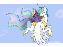Size: 1600x1200 | Tagged: safe, artist:ryuulight, derpibooru import, princess celestia, twilight sparkle, pony, unicorn, carrying, crown, filly, filly twilight sparkle, flying, momlestia, twilight wants to be a princess