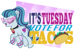 Size: 900x586 | Tagged: artist:pixelkitties, bracelet, derpibooru import, eyes closed, kamina sunglasses, open mouth, raised hoof, safe, simple background, smiling, solo, sonataco, sonata dusk, spiked wristband, sunglasses, taco, taco tuesday, transparent background