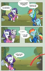 Size: 683x1063 | Tagged: safe, artist:egophiliac, derpibooru import, opalescence, rainbow dash, rarity, pegasus, pony, unicorn, butt, clothes, comic, female, glowing horn, horn, katana, levitation, magic, magic aura, mare, musashi, musashi miyamoto, parody, plot, swamp, sword, telekinesis, the book of the five rings, weapon