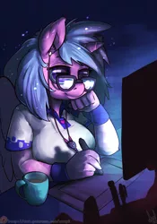 Size: 840x1200 | Tagged: alicorn, alicorn oc, anthro, artist:atryl, coffee, computer, derpibooru import, drawing, glasses, music, oc, oc:artshine, safe, solo, tablet, unofficial characters only