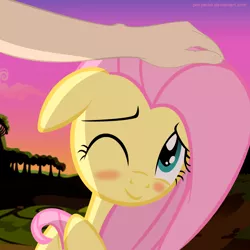 Size: 1200x1200 | Tagged: safe, artist:ponyecho, derpibooru import, fluttershy, oc, oc:anon, human, pony, blushing, cute, female, floppy ears, hand, head rub, human on pony action, human on pony petting, interspecies, looking at you, mare, petting, ponyecho is trying to murder us, show accurate, shy, shyabetes, smiling, weapons-grade cute, wink