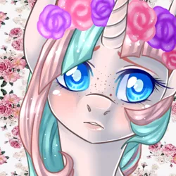 Size: 600x600 | Tagged: safe, artist:kikuri-tan, deleted from derpibooru, derpibooru import, oc, unofficial characters only, unicorn, color porn, floral head wreath, freckles, solo