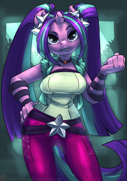 Size: 1050x1500 | Tagged: safe, artist:atryl, derpibooru import, aria blaze, anthro, equestria girls, rainbow rocks, breasts, busty aria blaze, female, horn, solo, underass