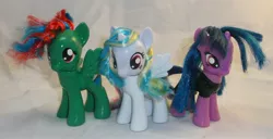 Size: 3545x1809 | Tagged: safe, artist:gryphyn-bloodheart, derpibooru import, oc, oc:elixir dawn, oc:emerald sketch, oc:ocean skye, unofficial characters only, alicorn, pegasus, pony, unicorn, alicorn oc, brushable, custom, irl, photo, toy