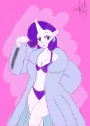 Size: 800x1117 | Tagged: suggestive, artist:gameboyred, derpibooru import, rarity, anthro, belly button, bra, breasts, cleavage, clothes, female, frilly underwear, fur coat, human facial structure, panties, purple underwear, ribbon, solo, underwear