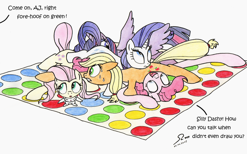 Size: 3200x2000 | Tagged: safe, artist:abyssalemissary, derpibooru import, angel bunny, applejack, fluttershy, pinkie pie, rarity, twilight sparkle, twilight sparkle (alicorn), alicorn, pony, female, fourth wall, implied rainbow dash, mare, offscreen character, playing, snuggling, traditional art, twister