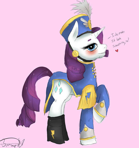 Size: 2533x2705 | Tagged: safe, artist:iwuvmemyjunjouegoist, derpibooru import, rarity, pony, unicorn, ancient wonderbolts uniform, blushing, boots, clothes, costume, female, hat, heart, mare, pink background, raised hoof, sgt. rarity, shako, shoes, simple background, uniform