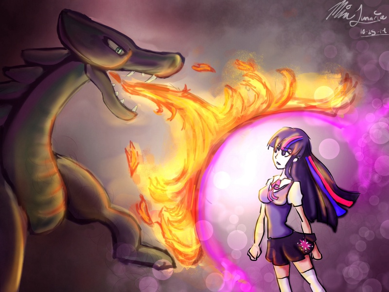 Size: 2048x1536 | Tagged: artist:mia-lunaria, bowtie, clothes, derpibooru import, fire, fire breath, human, humanized, magic, miniskirt, safe, schoolgirl, school uniform, shirt, skirt, socks, spike, thigh highs, twilight sparkle, vest