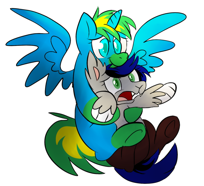 Size: 1500x1365 | Tagged: safe, artist:voraire, derpibooru import, oc, unofficial characters only, alicorn, hybrid, pony, alicorn oc, flying, hape, hug, hug from behind