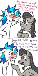 Size: 800x1600 | Tagged: artist:jargon scott, cockney, derpibooru import, female, flirting, male, octavia melody, octchavia, record scrape, rejection, rule 63, safe, shipping denied, simple background, straight, vinyl scratch, vulgar, white background