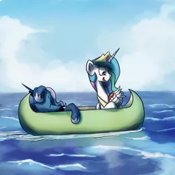 Size: 1200x1200 | Tagged: safe, artist:anticular, derpibooru import, princess celestia, princess luna, alicorn, pony, ask sunshine and moonbeams, boat, canoe, cast away, duo, duo female, female, followers, mare, ocean, tumblr, water, wilson (cast away)