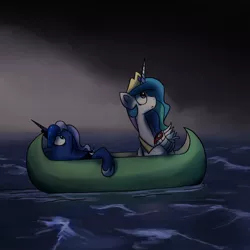 Size: 1200x1200 | Tagged: safe, artist:anticular, derpibooru import, princess celestia, princess luna, alicorn, pony, ask sunshine and moonbeams, boat, canoe, cast away, duo, duo female, female, followers, mare, ocean, storm, tumblr, water, wilson (cast away)