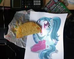 Size: 2848x2266 | Tagged: safe, artist:danmakuman, derpibooru import, edit, sonata dusk, ponified, pony, equestria girls, rainbow rocks, 31 cents, calculator, equestria girls ponified, irl, photo, poker, scratcher, sonataco, taco, taco tuesday, that girl sure loves tacos, waifu dinner