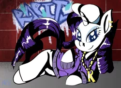 Size: 2954x2139 | Tagged: artist:manfartwish, bling, brick wall, clothes, derpibooru import, ear piercing, graffiti, piercing, rarity, safe, solo, sweater