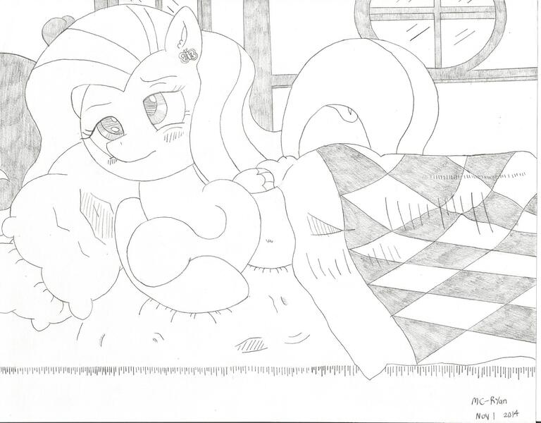 Size: 2176x1700 | Tagged: artist:mc-ryan, bed, bedroom, blanket, cute, ear fluff, fluttershy, monochrome, safe, sleepy, solo, tired, traditional art