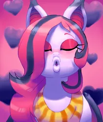 Size: 1040x1233 | Tagged: source needed, suggestive, artist:outta sync, derpibooru import, oc, oc:arrhythmia, unofficial characters only, bat pony, pony, clothes, heart, kissy face, scarf, solo
