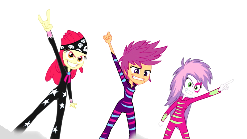 Size: 1280x720 | Tagged: safe, derpibooru import, edit, edited screencap, screencap, apple bloom, scootaloo, sweetie belle, equestria girls, rainbow rocks, background removed, cutie mark crusaders, devil horn (gesture), exploitable, grin, pointing, show stopper outfits, simple background, smiling, transparent background