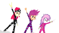 Size: 1280x720 | Tagged: safe, derpibooru import, edit, edited screencap, screencap, apple bloom, scootaloo, sweetie belle, equestria girls, rainbow rocks, background removed, cutie mark crusaders, devil horn (gesture), exploitable, grin, pointing, show stopper outfits, simple background, smiling, transparent background