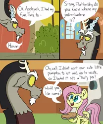 Size: 1067x1280 | Tagged: semi-grimdark, artist:skitter, derpibooru import, applejack, discord, fluttershy, draconequus, pegasus, pony, applejack-o-lantern, bad end, comic, dark comedy, female, fetish, fluttershy's cottage, gone horribly right, imminent vore, implied death, inanimate tf, male, mare, oblivious, oh crap, pie, pumpkin pie, this did not end well, this will end in tears, transformation, uh oh, what have you done?!, what were you thinking