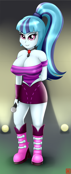 Size: 1475x3584 | Tagged: questionable, artist:burstfire, derpibooru import, sonata dusk, equestria girls, rainbow rocks, big breasts, breasts, busty sonata dusk, cleavage, female, microphone, ponytail, solo, solo female