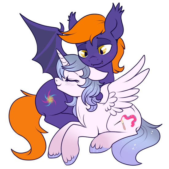 Size: 550x550 | Tagged: safe, artist:lulubell, derpibooru import, oc, oc:artshine, oc:night fire, unofficial characters only, alicorn, bat pony, pony, alicorn oc, blushing, cuddling, female, male, shipping, simple background, snuggling, straight, transparent background