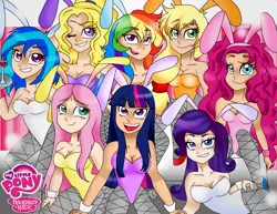 Size: 2200x1700 | Tagged: applejack, artist:rainicornmagic, breasts, bunny suit, clothes, derpibooru import, fishnets, fluttershy, human, humane six, humanized, leotard, mane six, pantyhose, pinkie pie, rainbow dash, rarity, suggestive, surprise, twilight sparkle, vinyl scratch