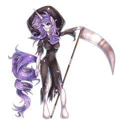 Size: 1000x1000 | Tagged: safe, artist:inky-pinkie, derpibooru import, rarity, anthro, unguligrade anthro, clothes, costume, grim reaper, halloween, human facial structure, scythe, simple background, solo, transparent background