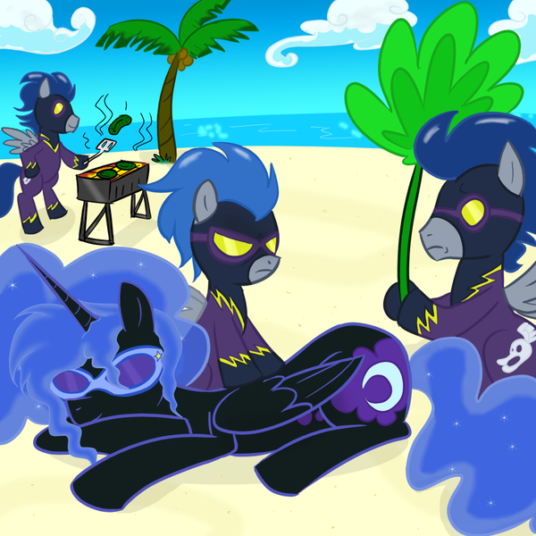 Size: 1000x1000 | Tagged: safe, artist:madmax, derpibooru import, edit, descent, nightmare moon, nightshade, alicorn, pegasus, pony, barbeque, beach, bipedal, clothes, costume, goggles, massage, prone, shadowbolts, shadowbolts (nightmare moon's minions), shadowbolts costume, sunglasses, tree, veggie burger