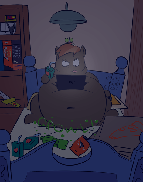 Size: 1506x1917 | Tagged: safe, artist:americananomaly, derpibooru import, button mash, bed, belly, bhm, big belly, button smash, computer, doritos, fat, food, gaming, impossibly large belly, juice box, laptop computer, morbidly obese, mountain dew, obese, pizza, sid meier's alpha centauri, stomach noise, tongue out