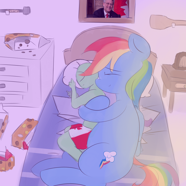 Size: 1100x1100 | Tagged: safe, artist:askcanadash, derpibooru import, rainbow dash, oc, oc:anon, human, pony, boxers, chubby, clothes, cuddling, giant pony, human on pony snuggling, macro, size difference, sleeping, snuggling, spooning, stephen harper, timbits, underwear