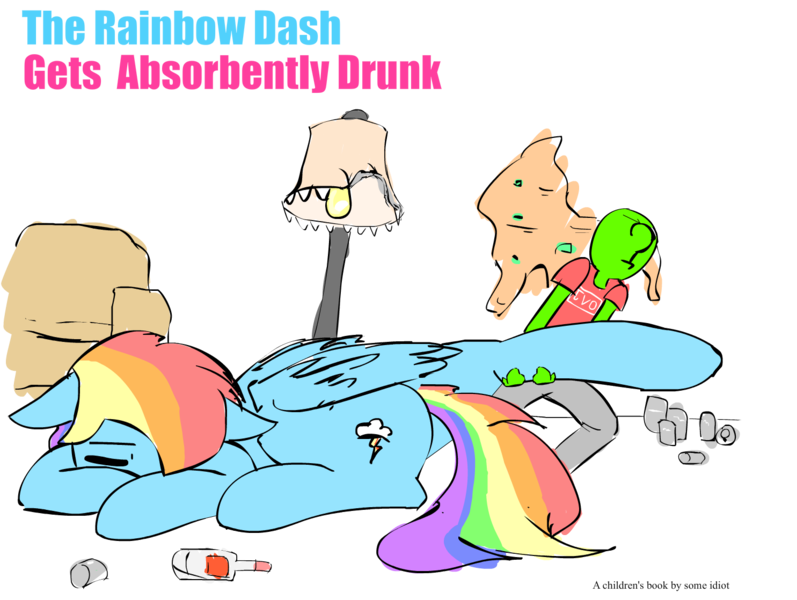 Size: 1485x1118 | Tagged: safe, artist:askcanadash, derpibooru import, rainbow dash, oc, oc:anon, human, pony, alcohol, book cover, bottle, children's book, dashaholic, dragging, drunk, drunker dash, giant pony, macro, passed out, vodka, vomit