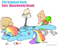 Size: 1485x1118 | Tagged: safe, artist:askcanadash, derpibooru import, rainbow dash, oc, oc:anon, human, pony, alcohol, book cover, bottle, children's book, dashaholic, dragging, drunk, drunker dash, giant pony, macro, passed out, vodka, vomit