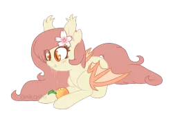 Size: 655x443 | Tagged: safe, artist:onikashi, derpibooru import, oc, oc:peach blossom, unofficial characters only, bat pony, pony, eating, peach, solo