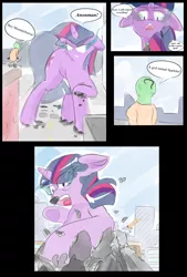 Size: 2160x3200 | Tagged: safe, artist:askcanadash, derpibooru import, twilight sparkle, oc, oc:anon, human, pony, building, city, comic, crushing, dark magic, destruction, giant pony, gritted teeth, macro, magic, parody, scene parody, sombra eyes, spider-man, the amazing spider-man, the amazing spider-man 2, the amazing spiderman