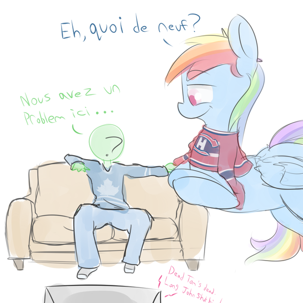 Size: 1200x1200 | Tagged: safe, artist:askcanadash, derpibooru import, rainbow dash, oc, oc:anon, human, pony, clothes, couch, french, giant pony, hockey, jersey, leaning, macro, montreal canadiens, muppets treasure island, national hockey league, nhl, sports, television, toronto maple leafs