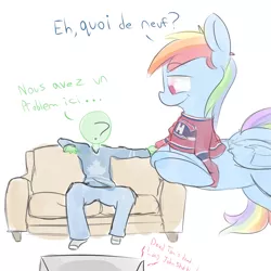 Size: 1200x1200 | Tagged: safe, artist:askcanadash, derpibooru import, rainbow dash, oc, oc:anon, human, pony, clothes, couch, french, giant pony, hockey, jersey, leaning, macro, montreal canadiens, muppets treasure island, national hockey league, nhl, sports, television, toronto maple leafs