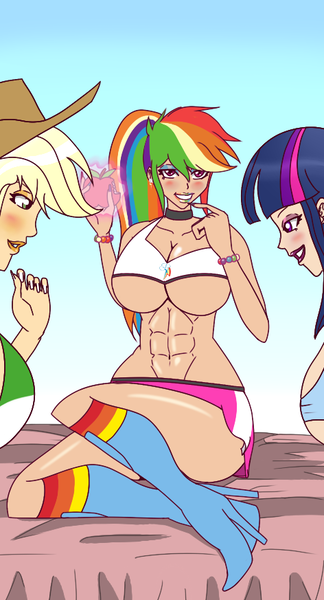 Size: 472x873 | Tagged: questionable, artist:annon, derpibooru import, applejack, rainbow dash, twilight sparkle, human, abs, apple, applejack's hat, big breasts, bimbo, bimbo 1.0, bimbo dash, bimbo jack, bimbo sparkle, bimboification, blonde, blonde hair, bracelet, breasts, busty applejack, busty rainbow dash, busty twilight sparkle, choker, collar, cowboy hat, cutie mark clothes, eyeliner, eyeshadow, female, food, glow, glowing hands, green eyes, hat, high heel boots, high heels, human coloration, humanized, image, jewelry, lips, lipstick, long nails, magic, makeup, multicolored hair, muscles, nail polish, png, ponytail, purple eyes, rainbow hair, rainbuff dash, red eyes, shoes, underboob, yellow hair