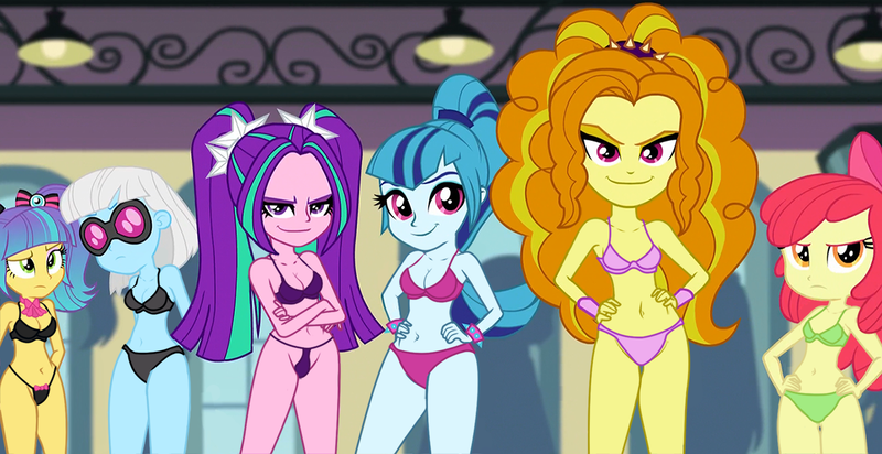 Size: 1350x695 | Tagged: suggestive, artist:dirty mike, derpibooru import, edit, edited screencap, screencap, adagio dazzle, apple bloom, aria blaze, photo finish, pixel pizazz, sonata dusk, equestria girls, rainbow rocks, /mlp/, belly button, bra, breasts, cleavage, clothes, female, panties, ribbon, thong, underwear, underwear edit