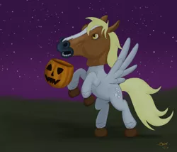 Size: 1472x1259 | Tagged: safe, artist:rainbow-dosh, derpibooru import, derpy hooves, pegasus, pony, clothes, coconut, costume, female, hoers mask, mare, pumpkin bucket, solo