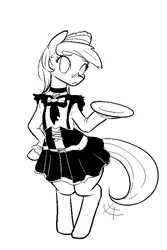 Size: 500x750 | Tagged: dead source, safe, artist:pashoo, deleted from derpibooru, derpibooru import, rainbow dash, pony, semi-anthro, bipedal, blushing, bowtie, clothes, dexterous hooves, female, looking at you, maid, mare, monochrome, plate, simple background, sketch, solo, waitress, white background, wide hips, wingless