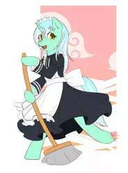 Size: 1050x1425 | Tagged: safe, artist:dieva4130, derpibooru import, lyra heartstrings, pony, bipedal, braid, broom, clothes, cute, hairclip, maid, solo