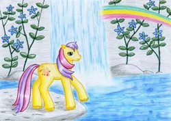 Size: 1024x724 | Tagged: artist:normaleeinsane, derpibooru import, flower, g2, rainbow, safe, satin splash, solo, traditional art, waterfall