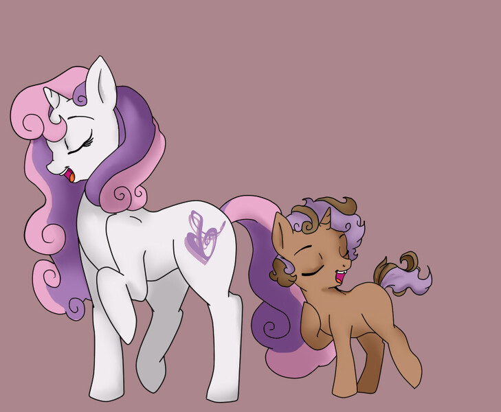 Size: 850x700 | Tagged: artist:jointsupermodel, derpibooru import, eyes closed, mother and son, oc, oc:vecto rings, offspring, older, parent:button mash, parents:sweetiemash, parent:sweetie belle, safe, singing, son, sweetie belle