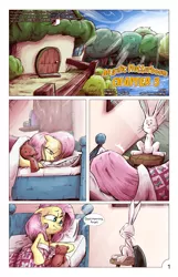 Size: 1393x2167 | Tagged: angel bunny, angelic flutterboom, artist:saturdaymorningproj, bed, comic, derpibooru import, fluttershy, morning ponies, safe, teddy bear, waking up