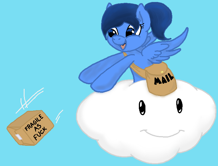 Size: 763x583 | Tagged: safe, artist:joey darkmeat, artist:wwizzard, derpibooru import, oc, oc:hazey, unofficial characters only, pegasus, pony, cloud, crossover, fragile, lakitu, lakitu cloud, mailmare, package, solo, super mario bros., vulgar