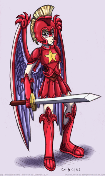 Size: 600x1008 | Tagged: armor, artist:inuhoshi-to-darkpen, cloud kicker, derpibooru import, fanfic:the life and times of a winning pony, human, humanized, safe, solo, sword, wingblade, winningverse