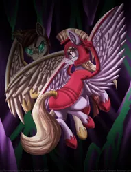 Size: 1024x1338 | Tagged: safe, artist:inuhoshi-to-darkpen, derpibooru import, cloud kicker, oc, oc:nimbus gust, changeling, pegasus, pony, fanfic:the life and times of a winning pony, winningverse, armor, cave, fight, flying, glowing eyes, wingblade