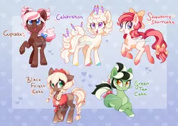 Size: 876x619 | Tagged: safe, artist:tsurime, derpibooru import, oc, oc:black forest cake, oc:celebration, oc:cupcake, oc:green tea cake, oc:strawberry shortcake, unofficial characters only, cake pony, earth pony, pony, adoptable, bow, braid, candle, female, freckles, mare, pigtails, smiling, sprinkles, tail bow