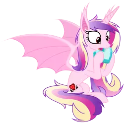 Size: 6000x6000 | Tagged: safe, artist:magister39, derpibooru import, princess cadance, bat pony, pony, absurd resolution, alternate cutie mark, bat ponified, crystal heart, cute little fangs, fangs, lovebat, nom, open mouth, race swap, simple background, sitting, solo, spread wings, transparent background, vector, wide eyes
